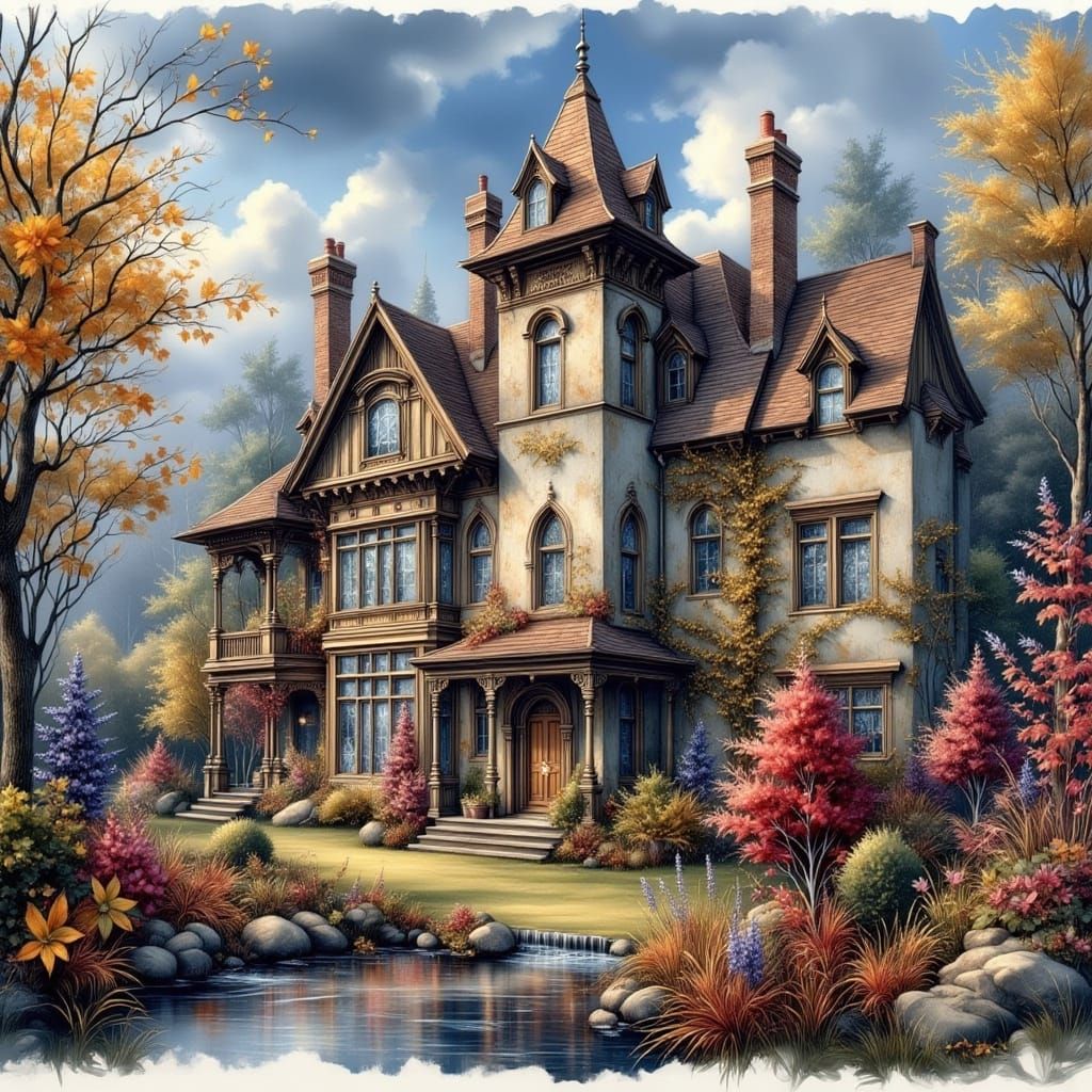 Autumnal English Manor in Storybook Illustration Style