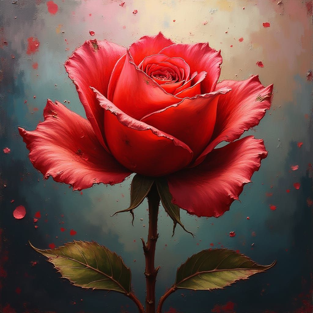 Tormented Red Rose in Vortex of Vibrant Colors, Oil Painting