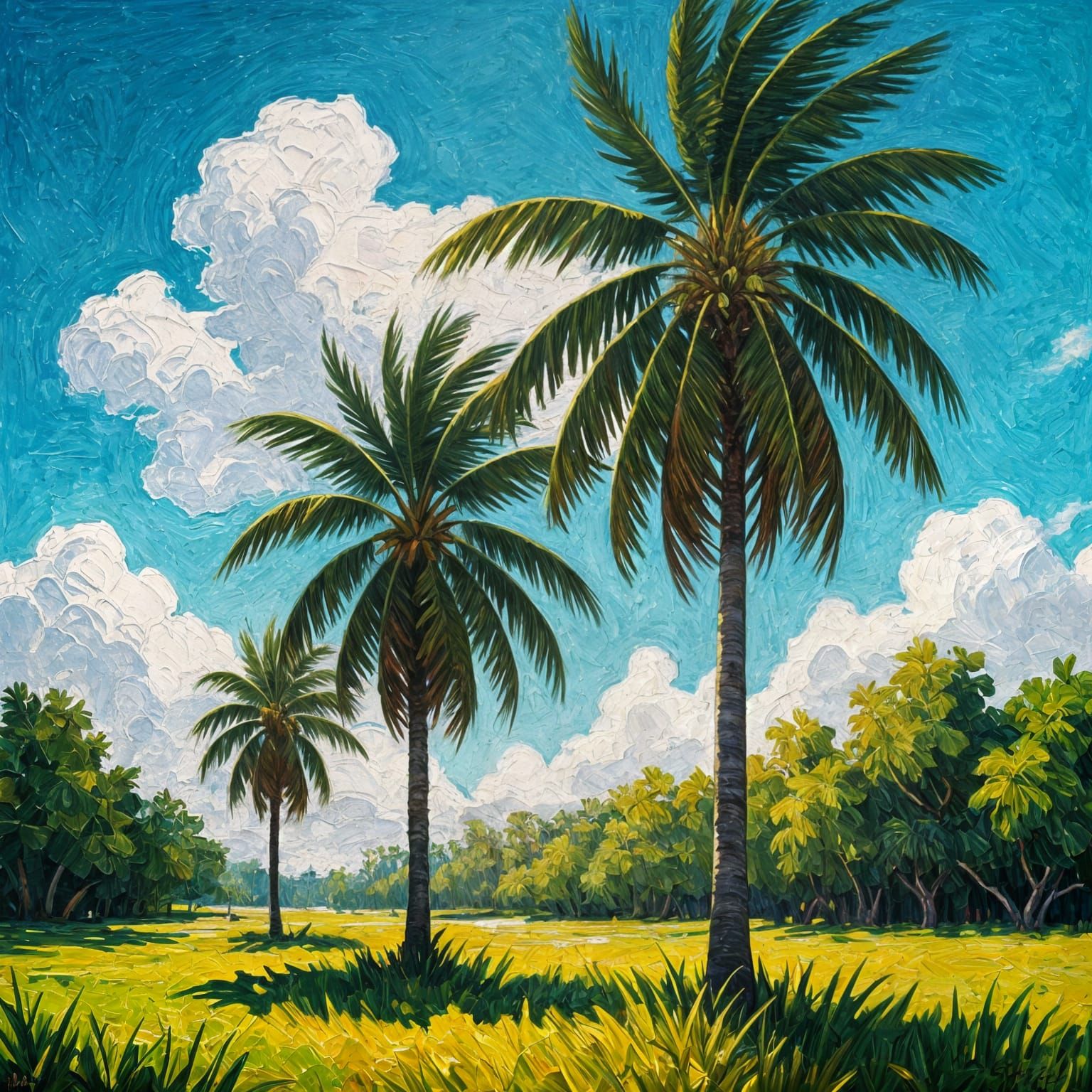 Palm Trees in Neo-Impressionist Impasto Style