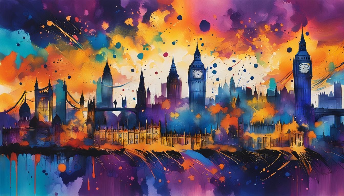 Expressionist London Skyline with Alcohol Ink Textures