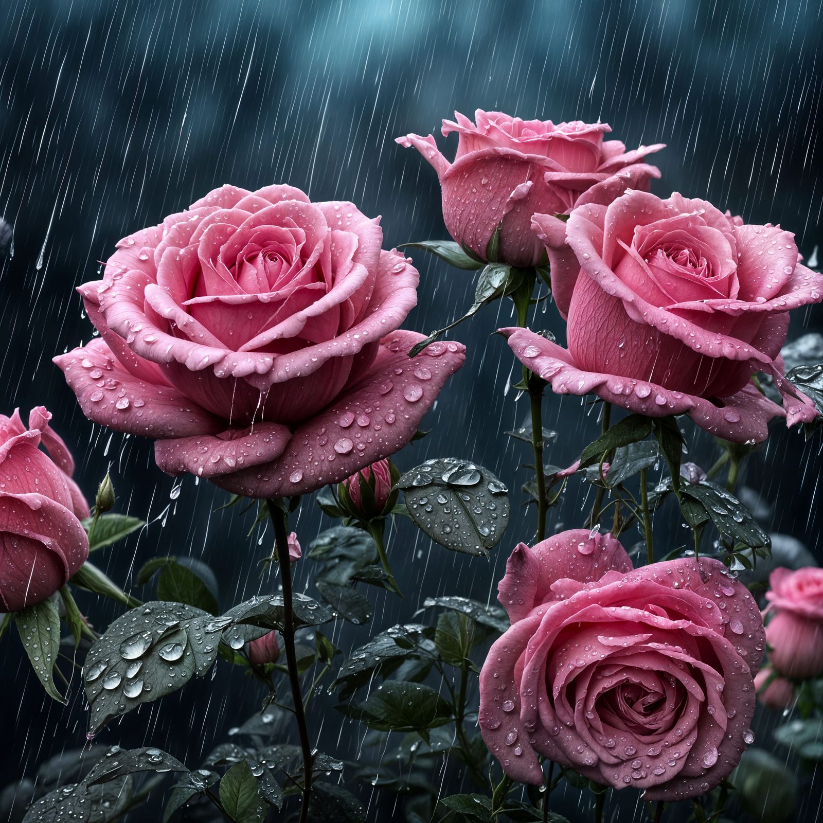Pink roses with raindrops dripping from the petals