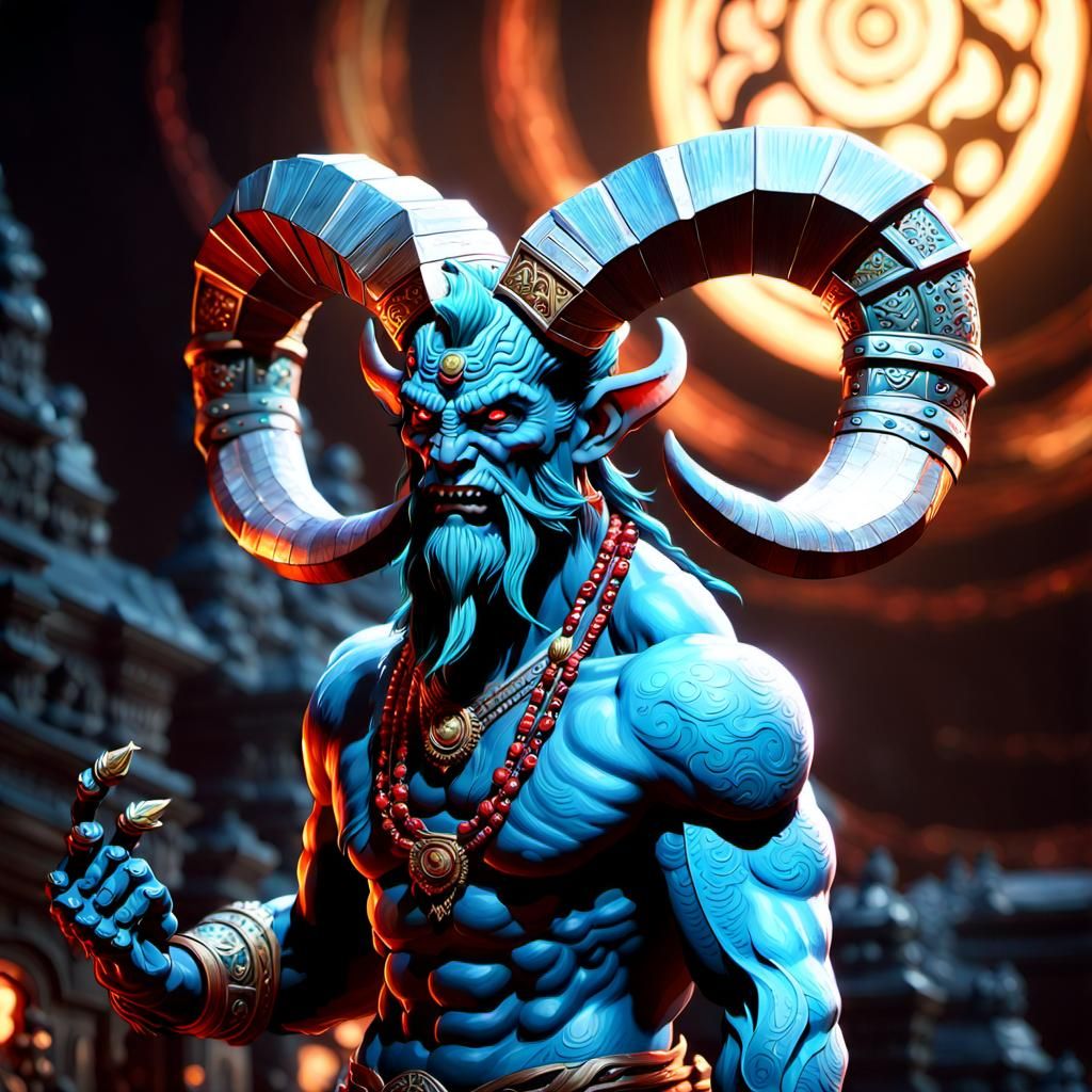 Ancient demon, big horns, big arms, three head, big tooth, J...