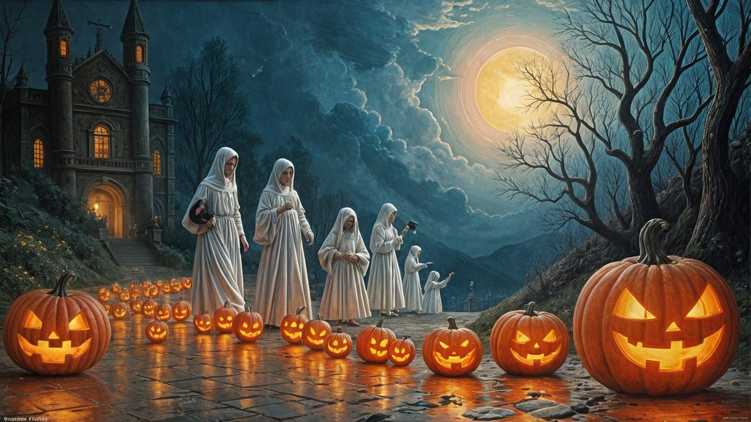 Halloween Pumpkin Parade in Surrealist Horror Style