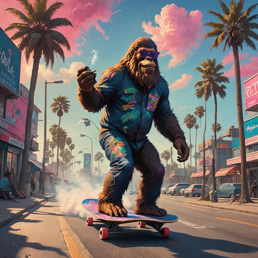 Bigfoot Skateboarding in Venice Beach: Surreal Concept Art