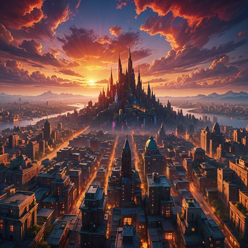 Colorful Sunset Over City: Fantasy Concept Art