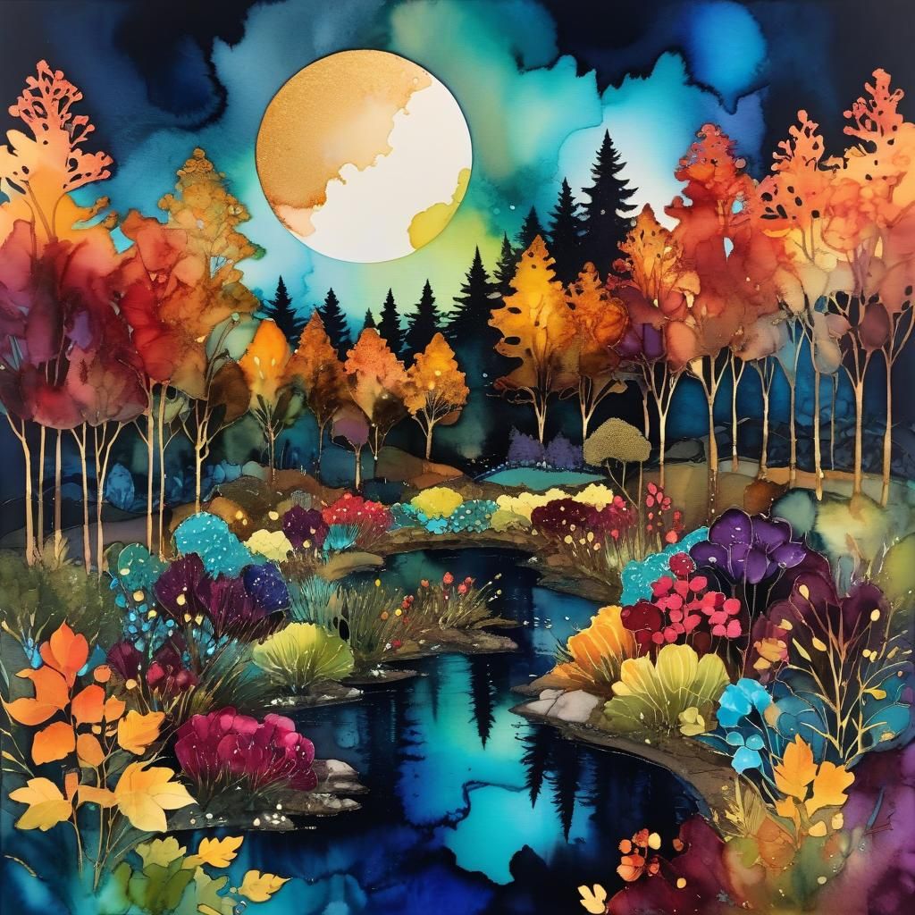 Night Maiden Garden in Alcohol-Ink Style
