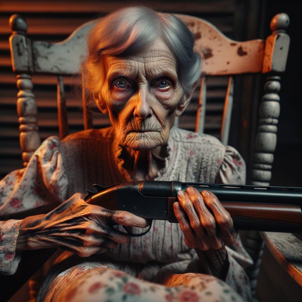 Elderly Woman with Shotgun in Rocking Chair
