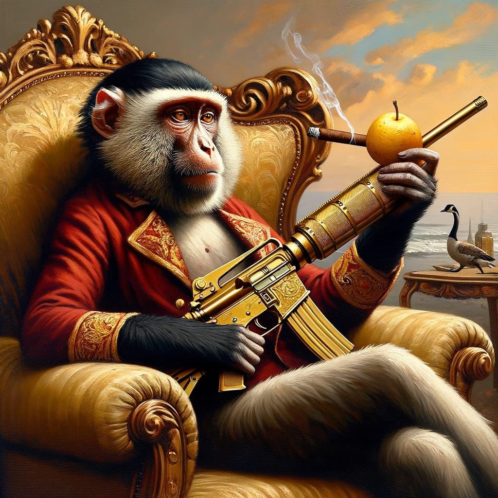 A Regal Primate Smokes and Wields in a Vibrant, Tropical Sce...