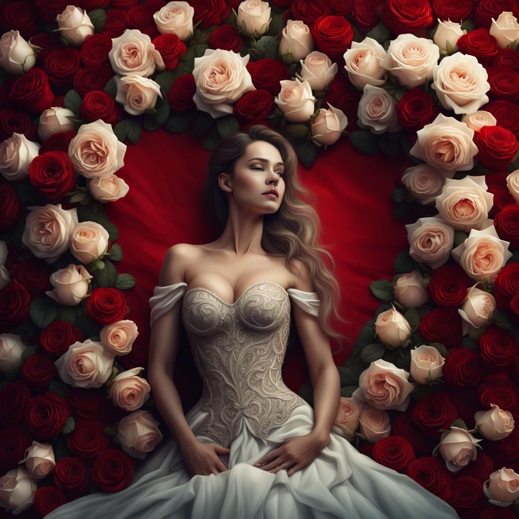Woman with Rose Heart: Maximalist Digital Portrait