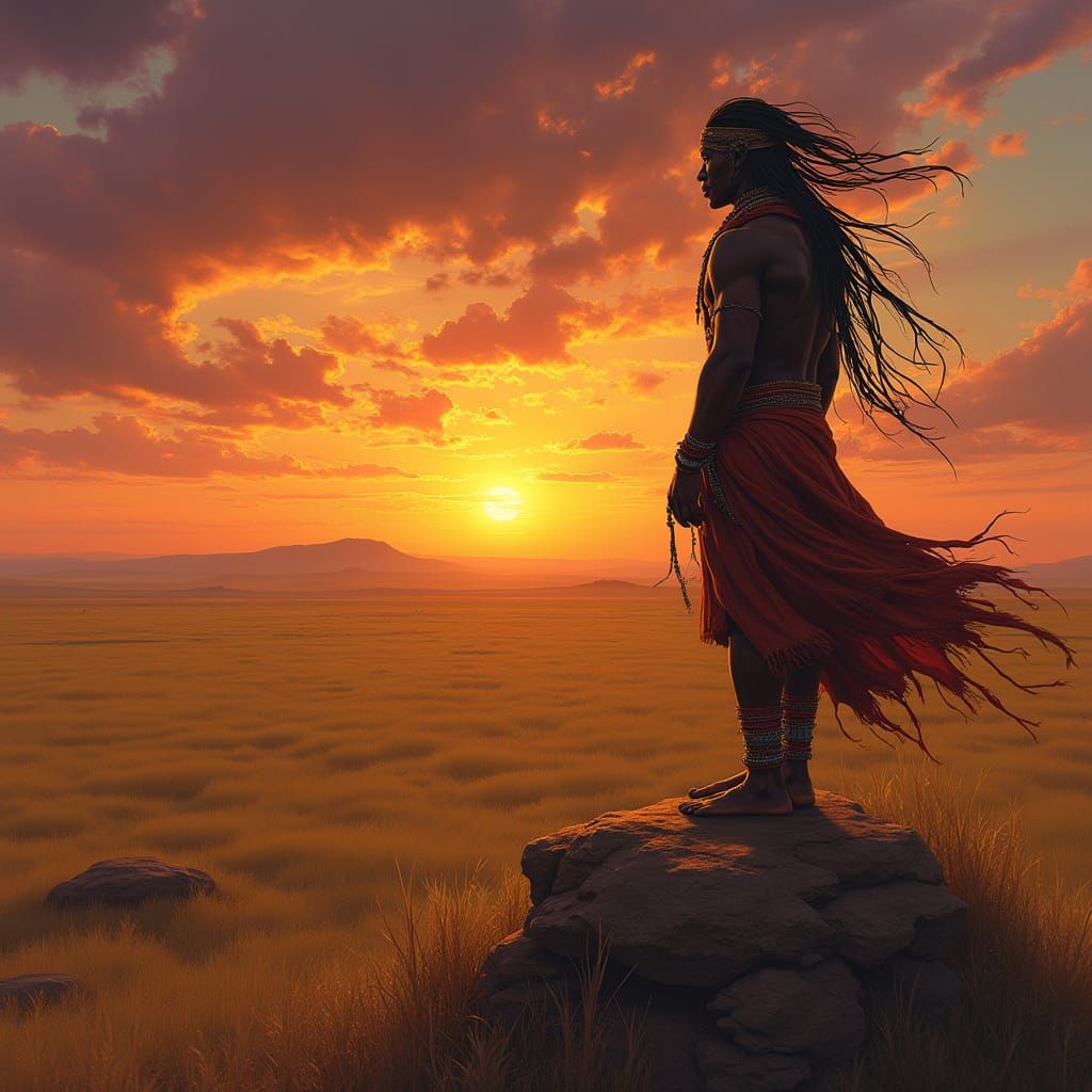 Majestic African Elder on Mesa at Fiery Sunset