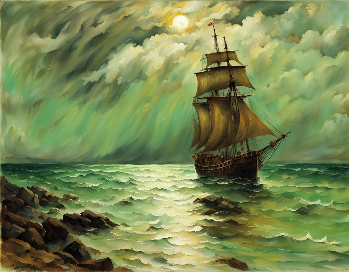 Vintage Sailing Ship Rides Turbulent Waters in Warm, Earthy...
