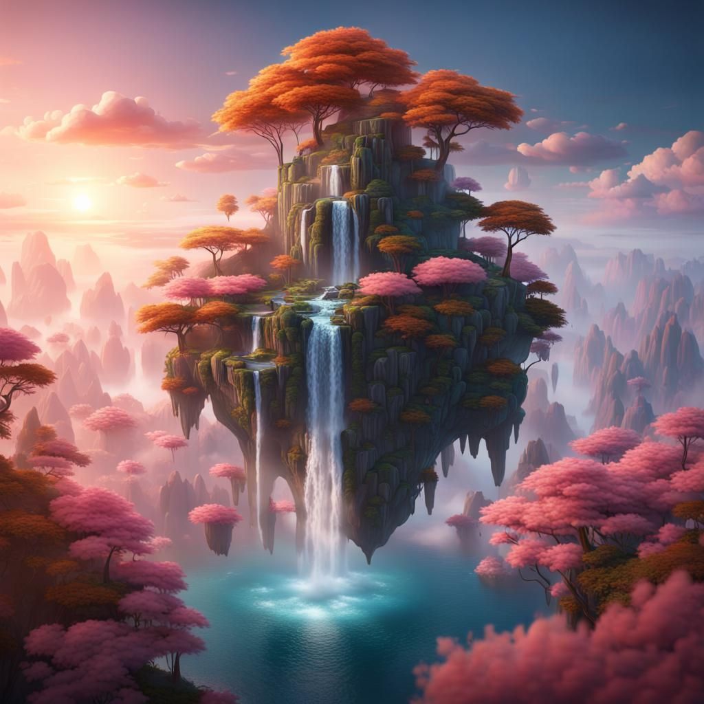 Floating Island Sunset: Detailed Matte Painting