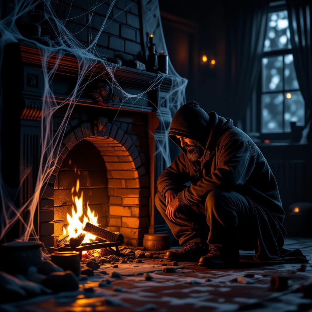 Homeless Man by Fireplace in Dark 3D Render