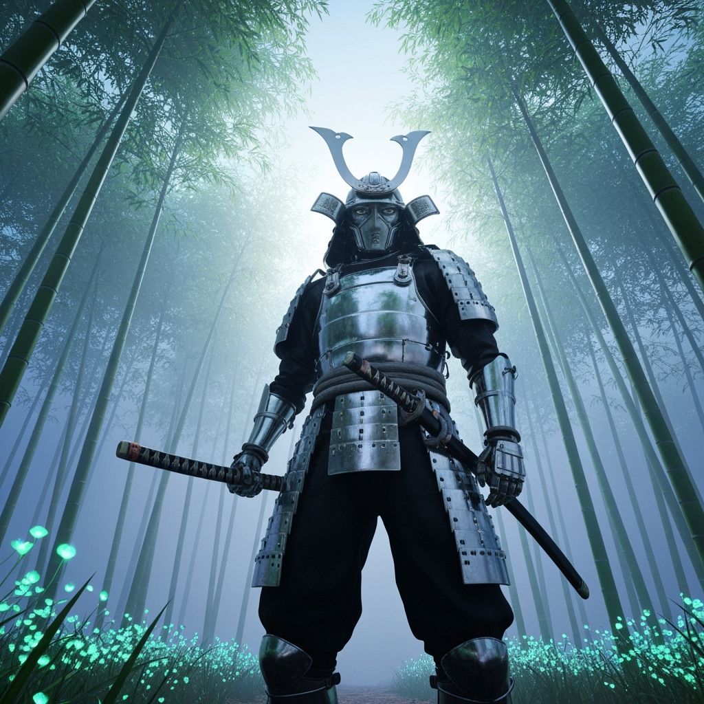 Futuristic Samurai in Bioluminescent Bamboo Forest