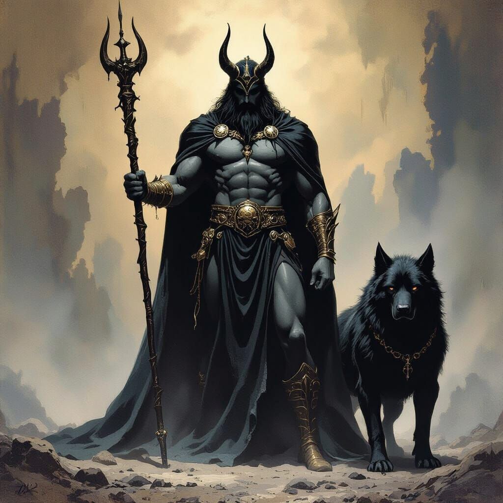 Hades and Cerberus in Dark Fantasy Art Style