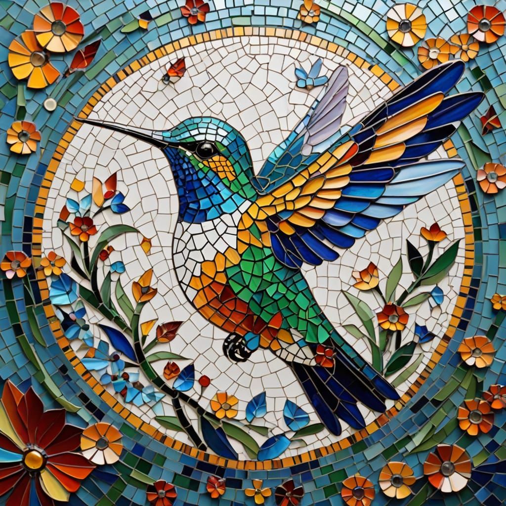 Intricately Patterned Hummingbird in Glass Mosaic Art