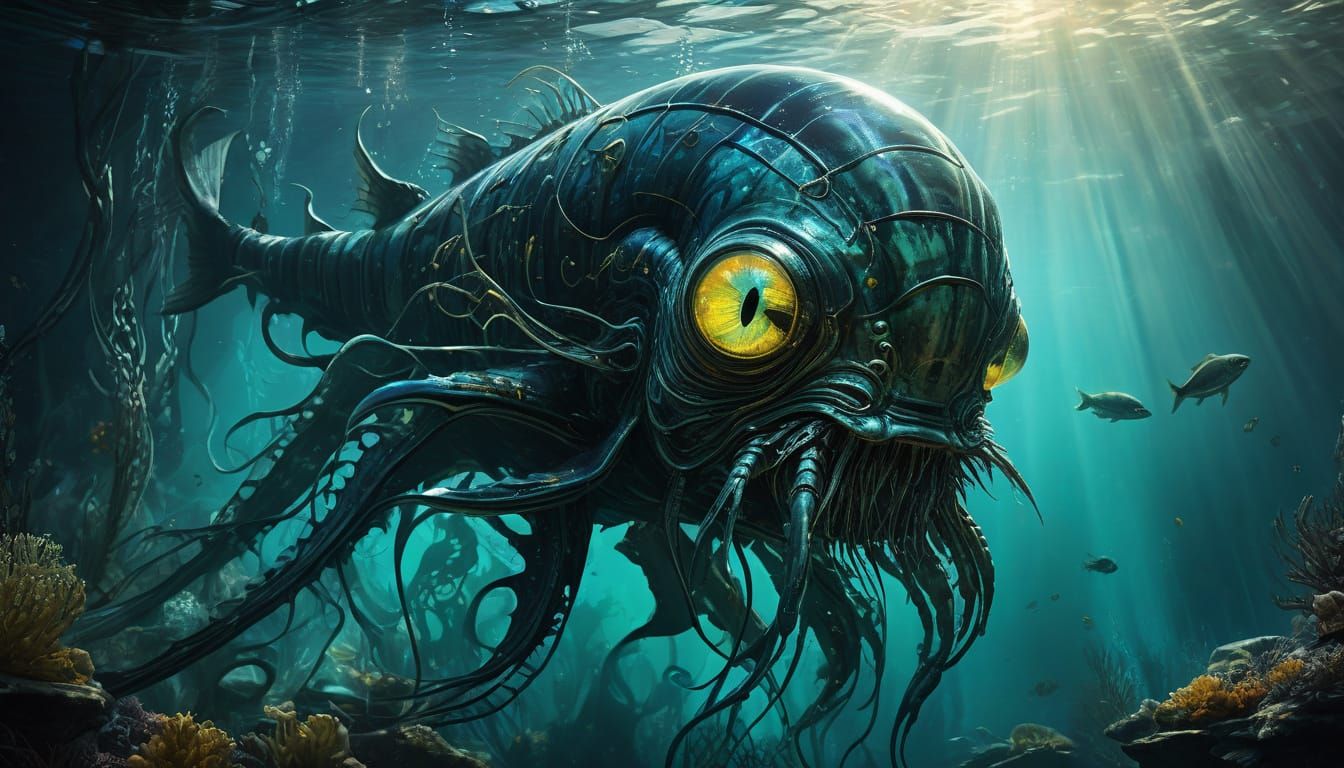 Surreal Underwater Horror with Giger-Inspired Sea Creature