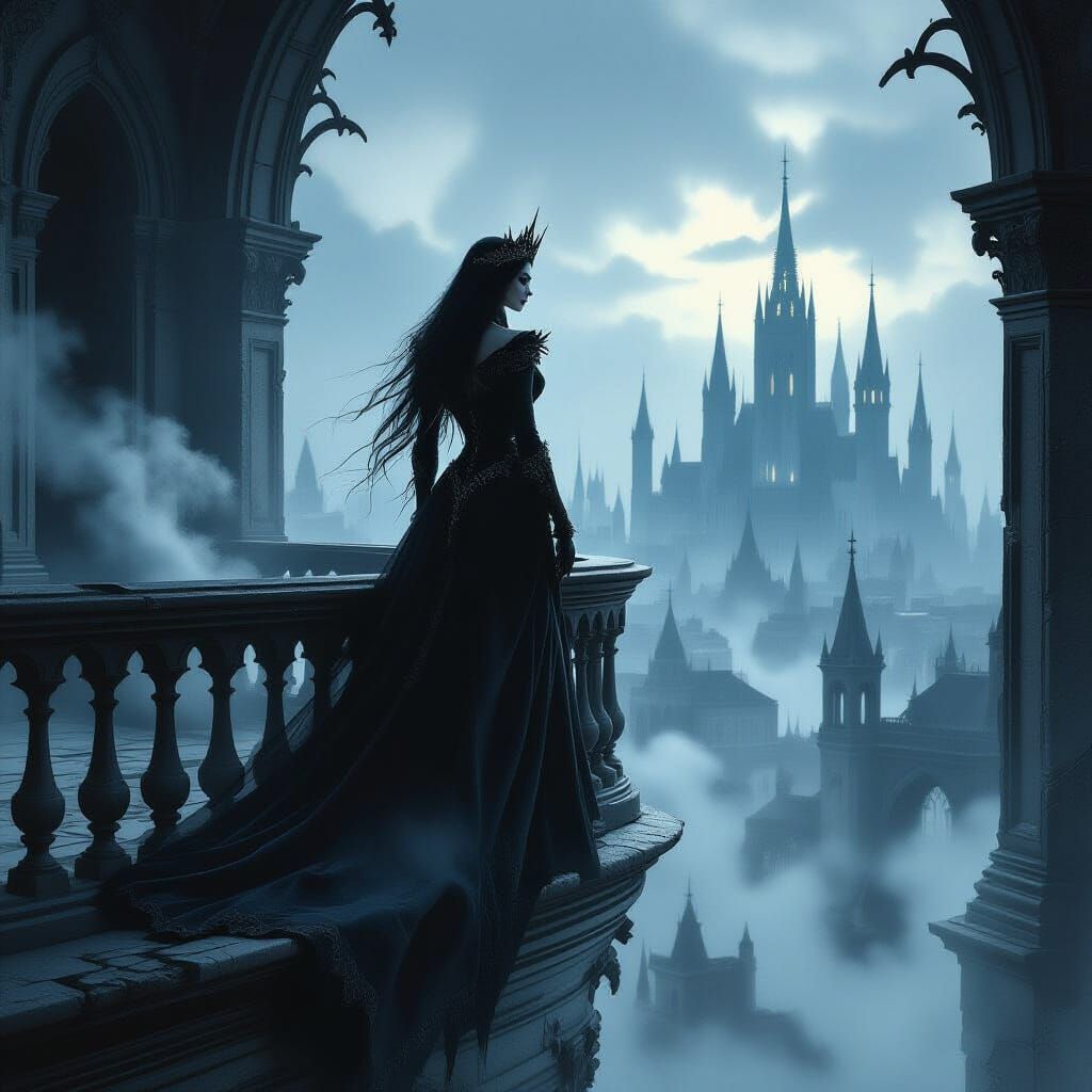 Vampire Queen on Gothic Balcony Overlooking Twilight City