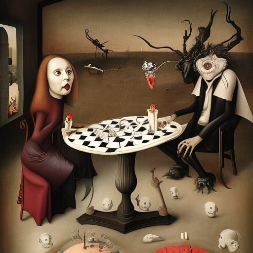 Demonic Couple's Romantic Date in Surreal Cafe