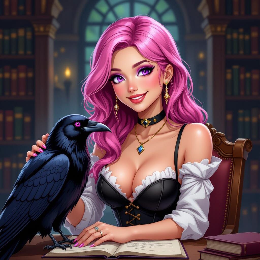 Pink Haired Woman Pets Raven in Library