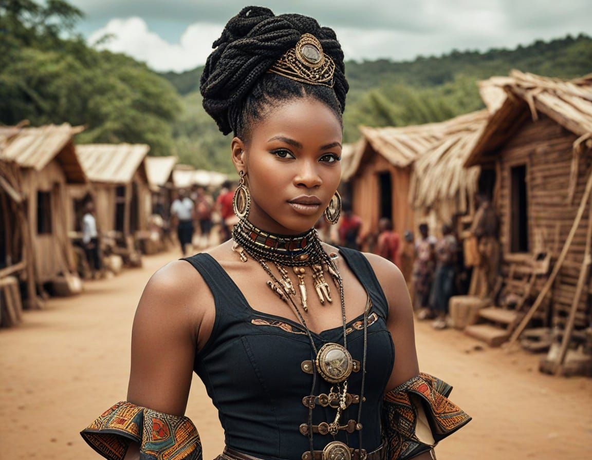 Stunning Black Woman in Steampunk African Village Scene