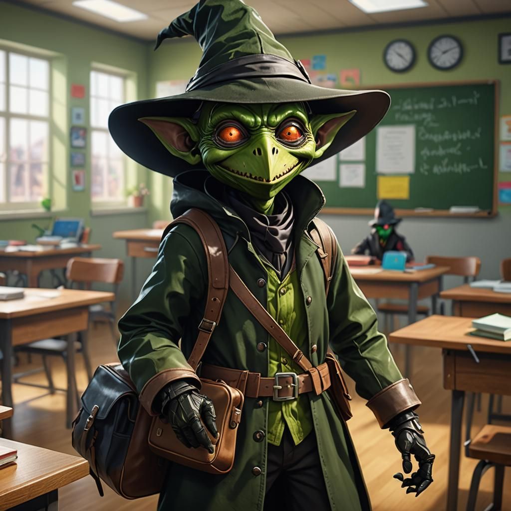 Adorable Goblin Plague Doctor in Classroom, Hyperrealistic