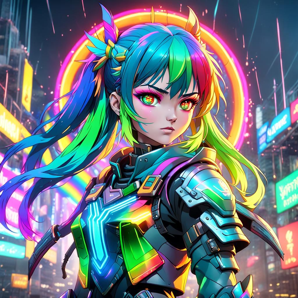 Neon Rainbow Warrior Anime Girl: Detailed Matte Painting