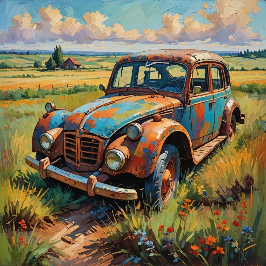 Rusty Car in Summer Field: Expressionist Oil Painting