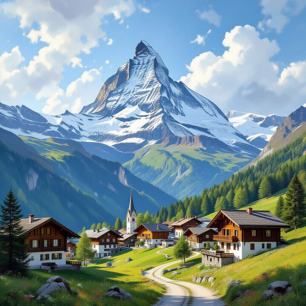 Zermatt Village Beneath the Matterhorn as Romantic Painting