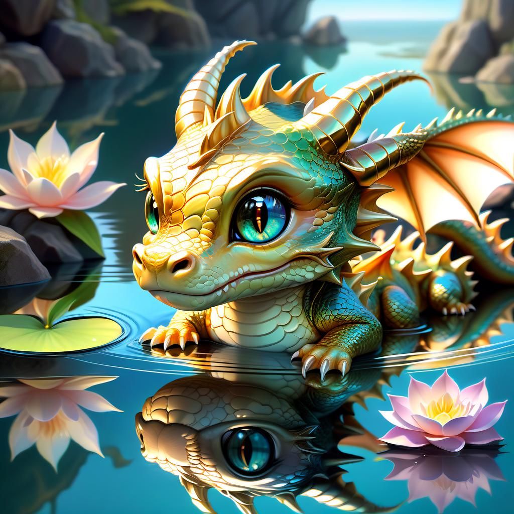 Chibi Dragon Gazing at Reflection in Anime Style