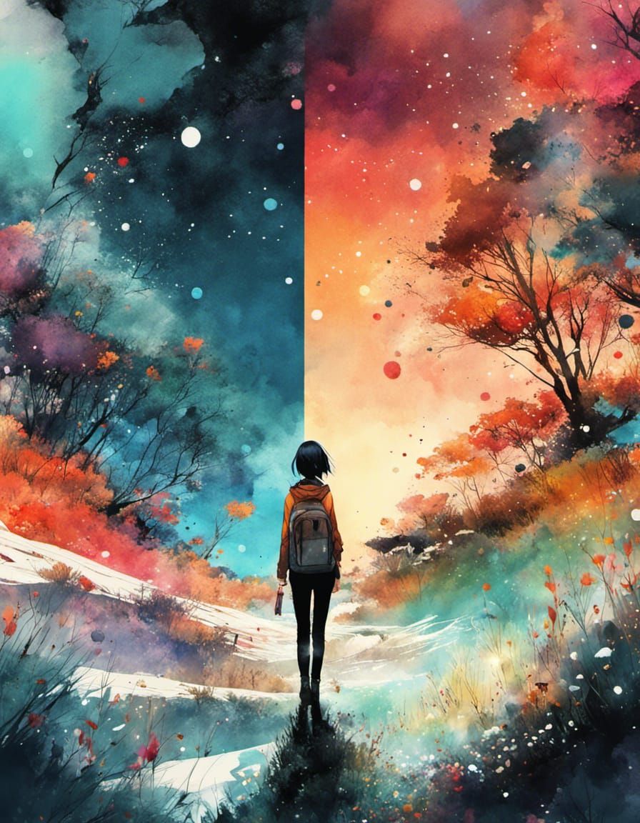 Multi-Seasonal Landscape in Anime Watercolor Style