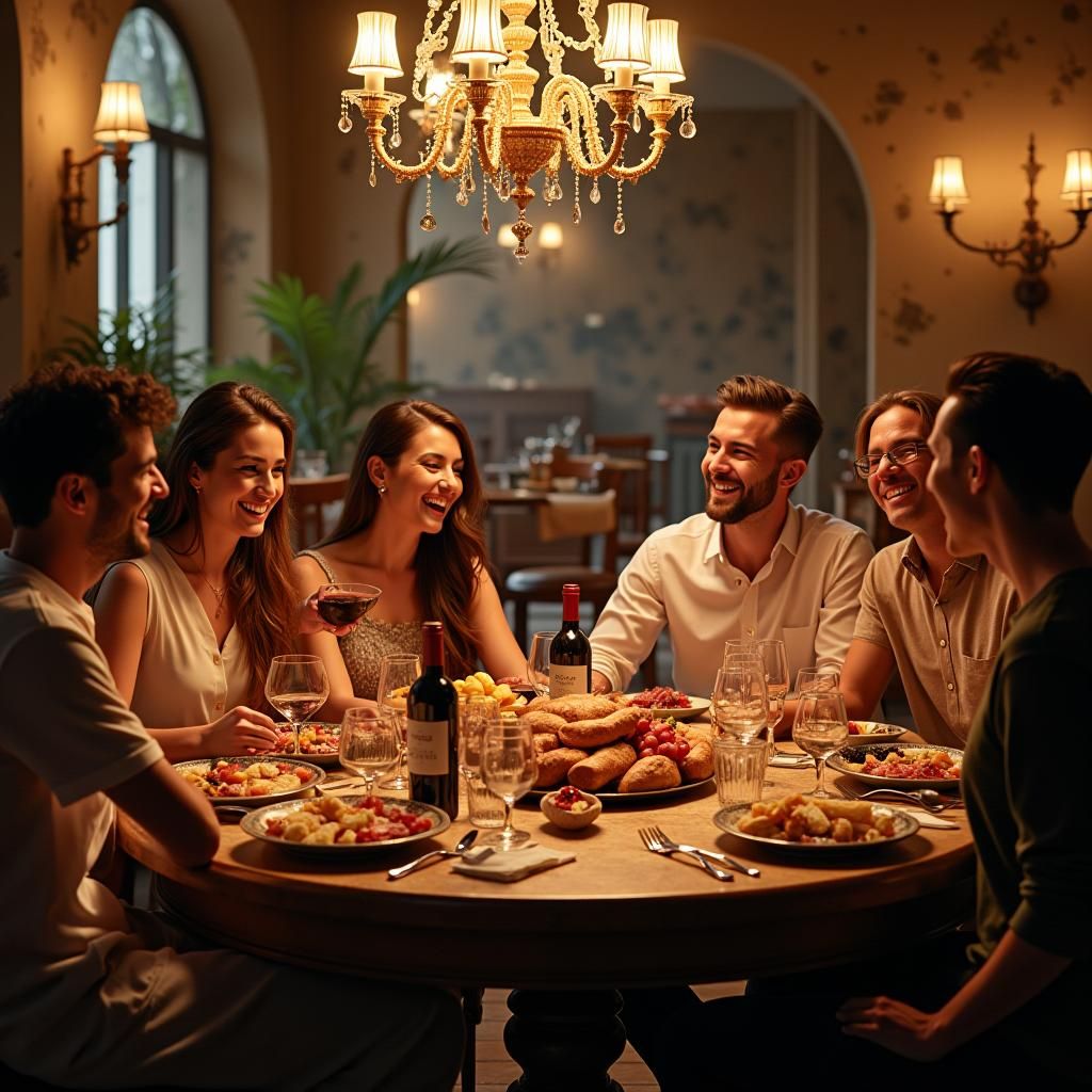 Friends Gather at Italian Osteria in Matte Painting Style