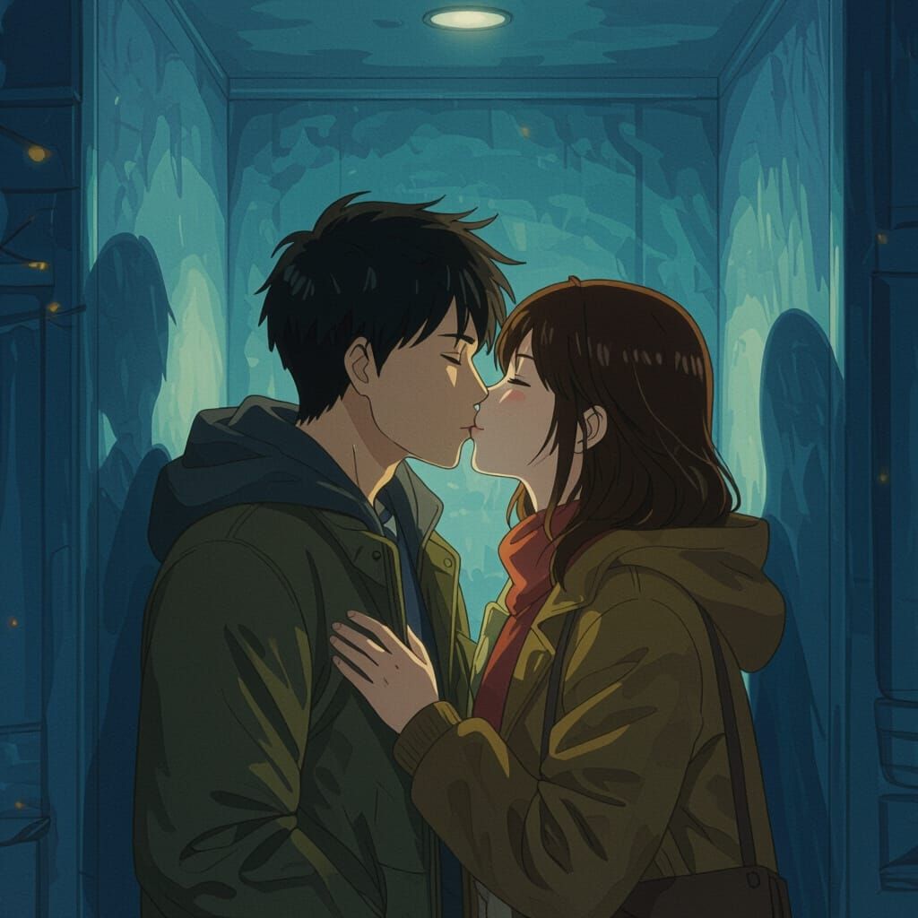 Romantic Night Kiss in Dimly Lit Room