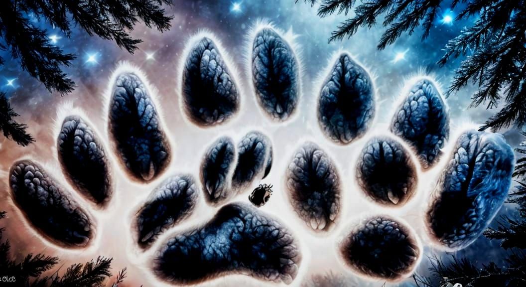 Surreal Forest Scene with Glittering Bear Paw Prints