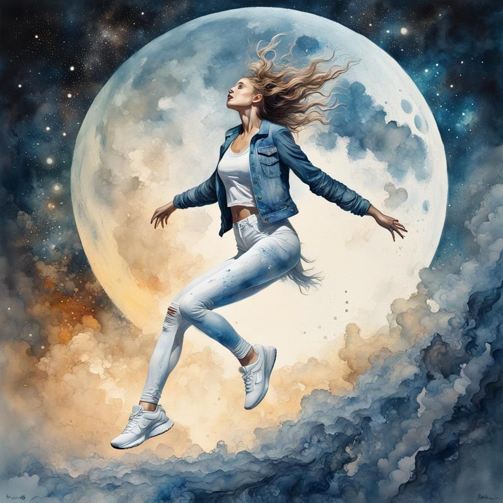 Woman Jumping Over Moon Watercolor Art