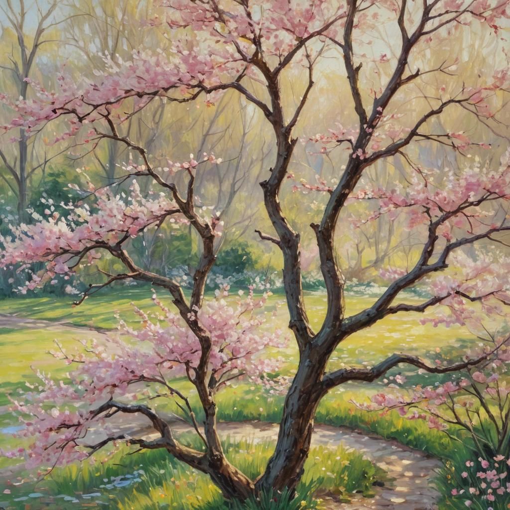 Serene Garden Scene in Impressionist Style