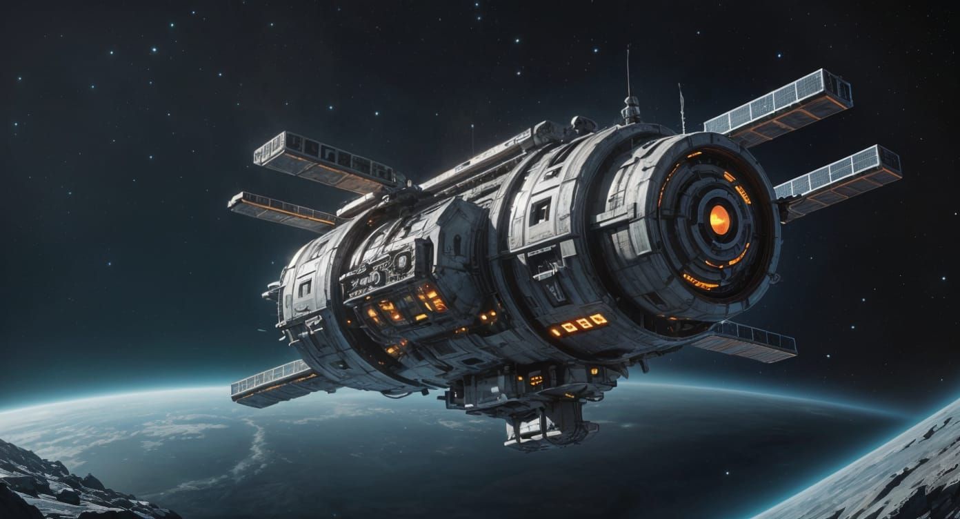 Retro-Futuristic Space Station Orbits Biomechanic Moon