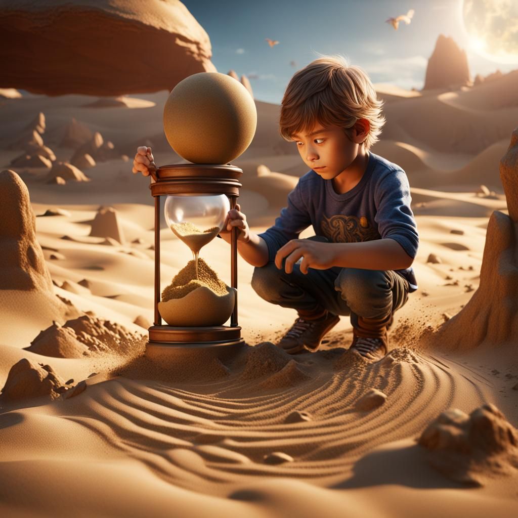 Child Plays With Sand Hourglass: Fantasy Concept Art