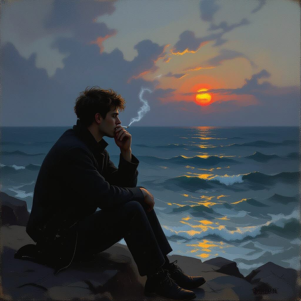 Man Contemplating Emotions by the Sea in Oil Painting Style