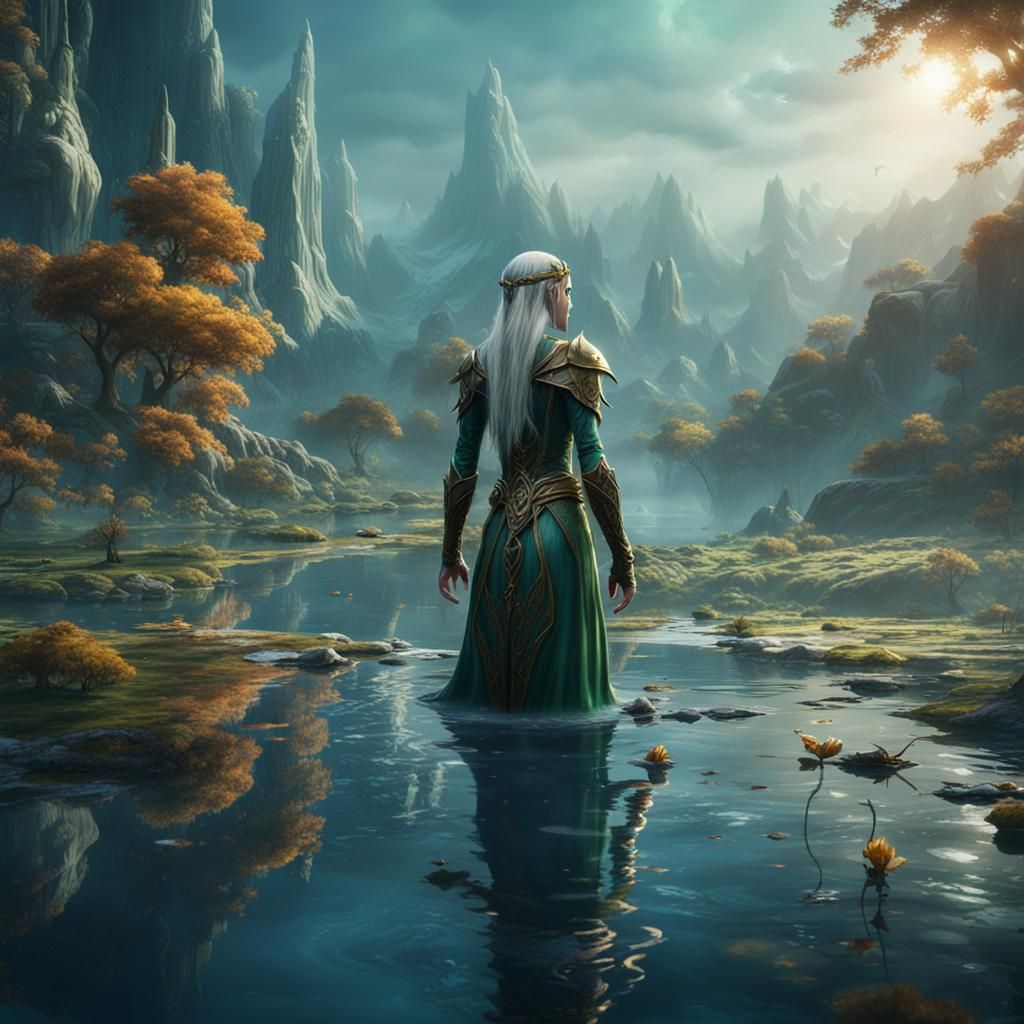 Beautiful Elven Lost in Lake, Fantasy Concept Art