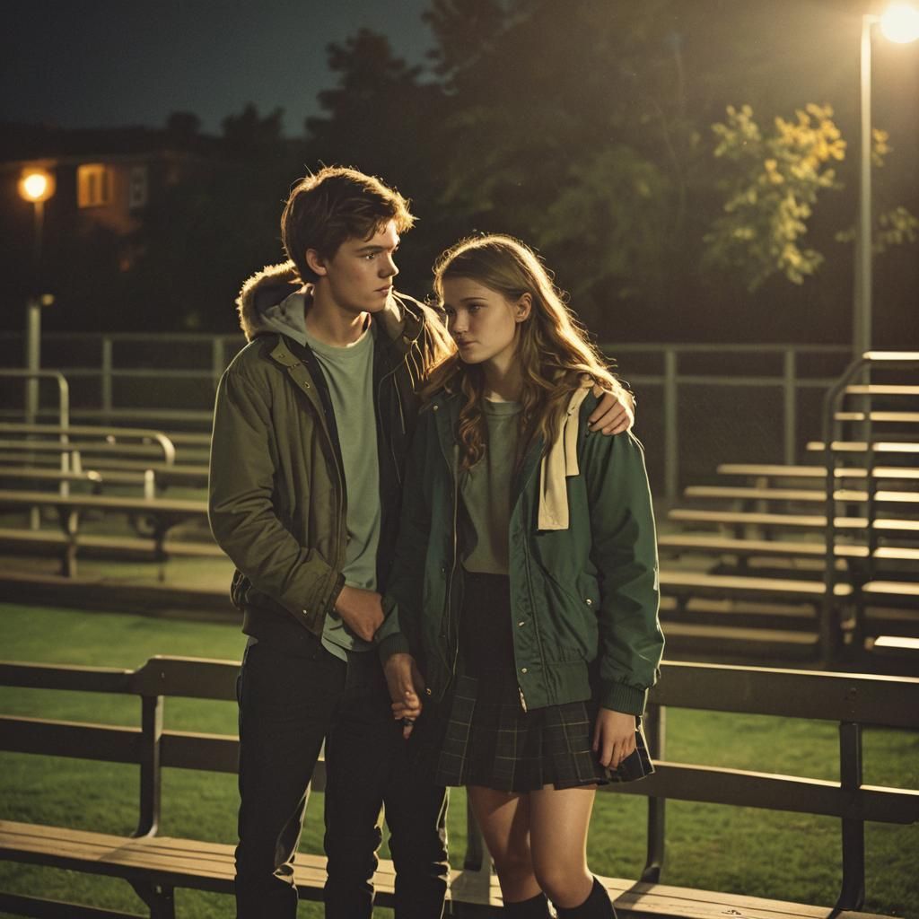 Romantic Film Still: Teenage Couple at Football Game