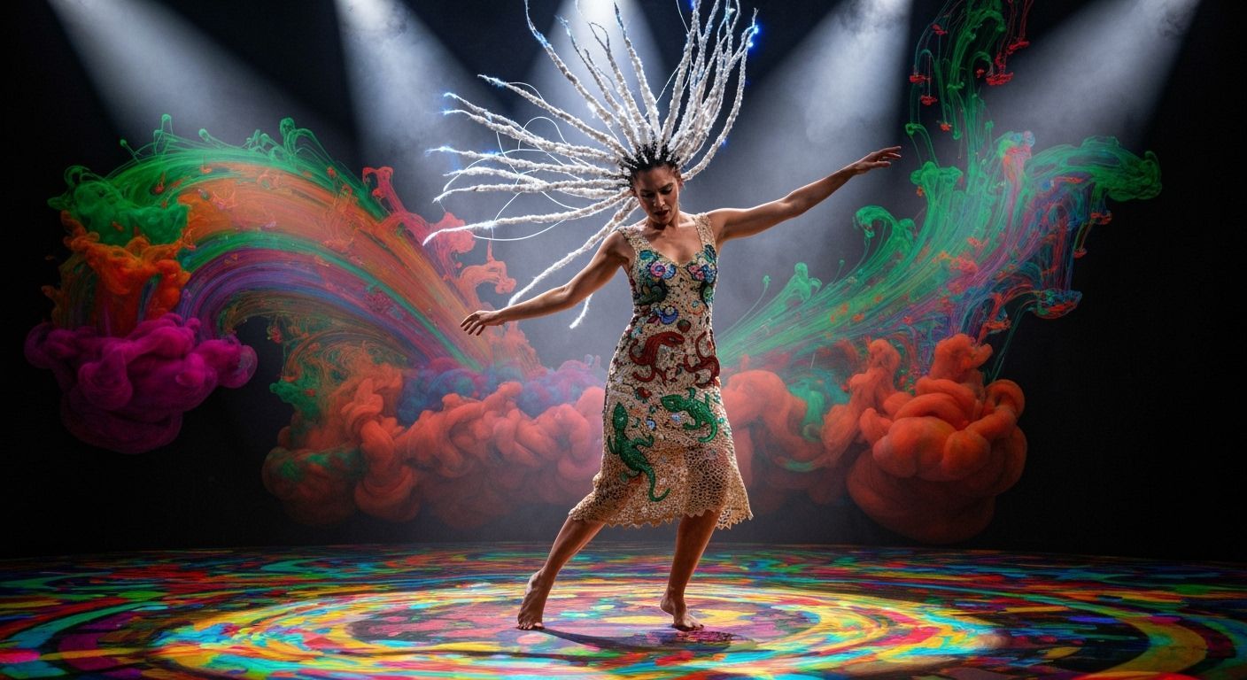 Psychedelic Dancer in Embroidered Dress on Stage