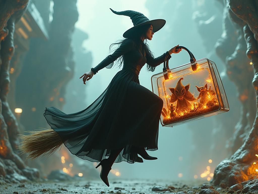 Witch Rides Broom With Futuristic Hellscape Handbag