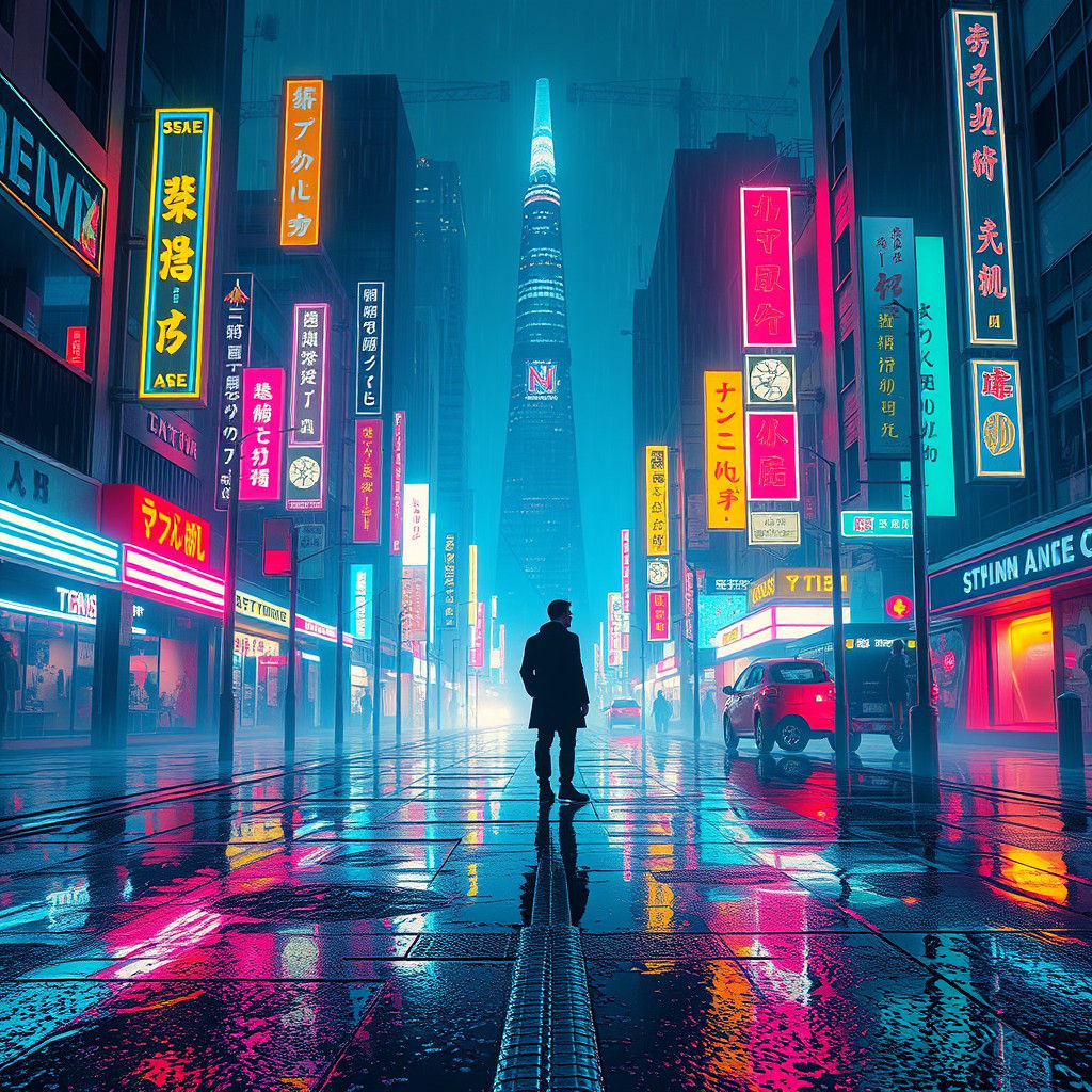 Futuristic Cityscape with Neon Lights as Digital Art