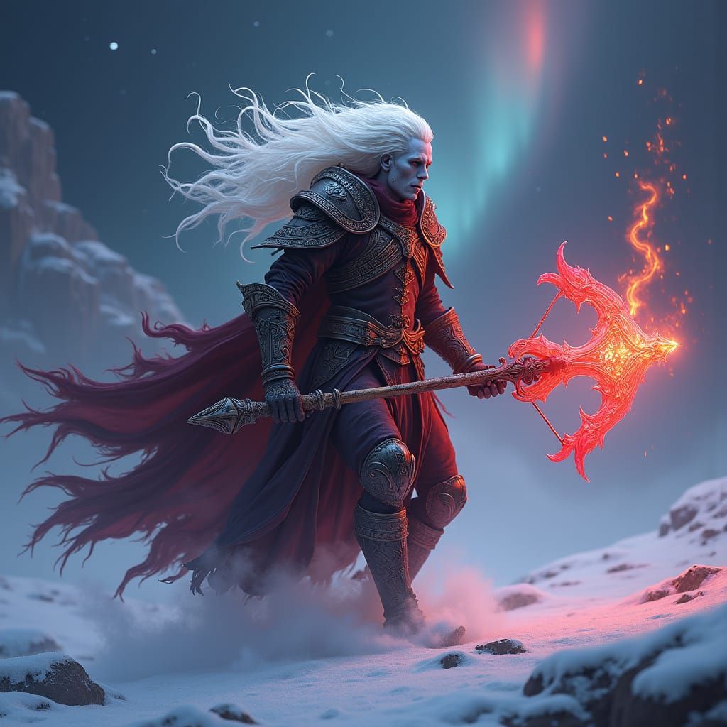 Spectral Warrior on Snowy Expanse in Dark Fantasy Art