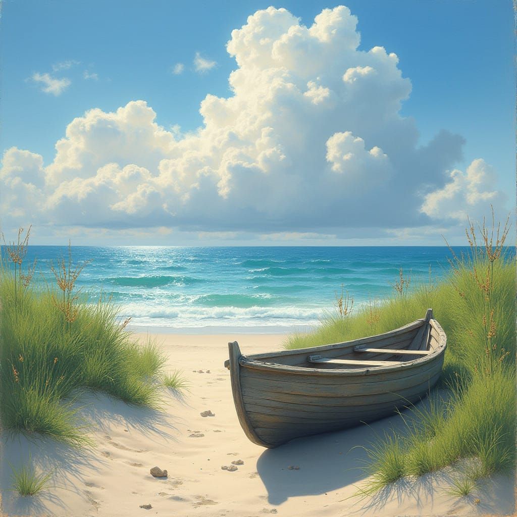 Weathered Rowboat on Sandy Beach in Impressionist Style