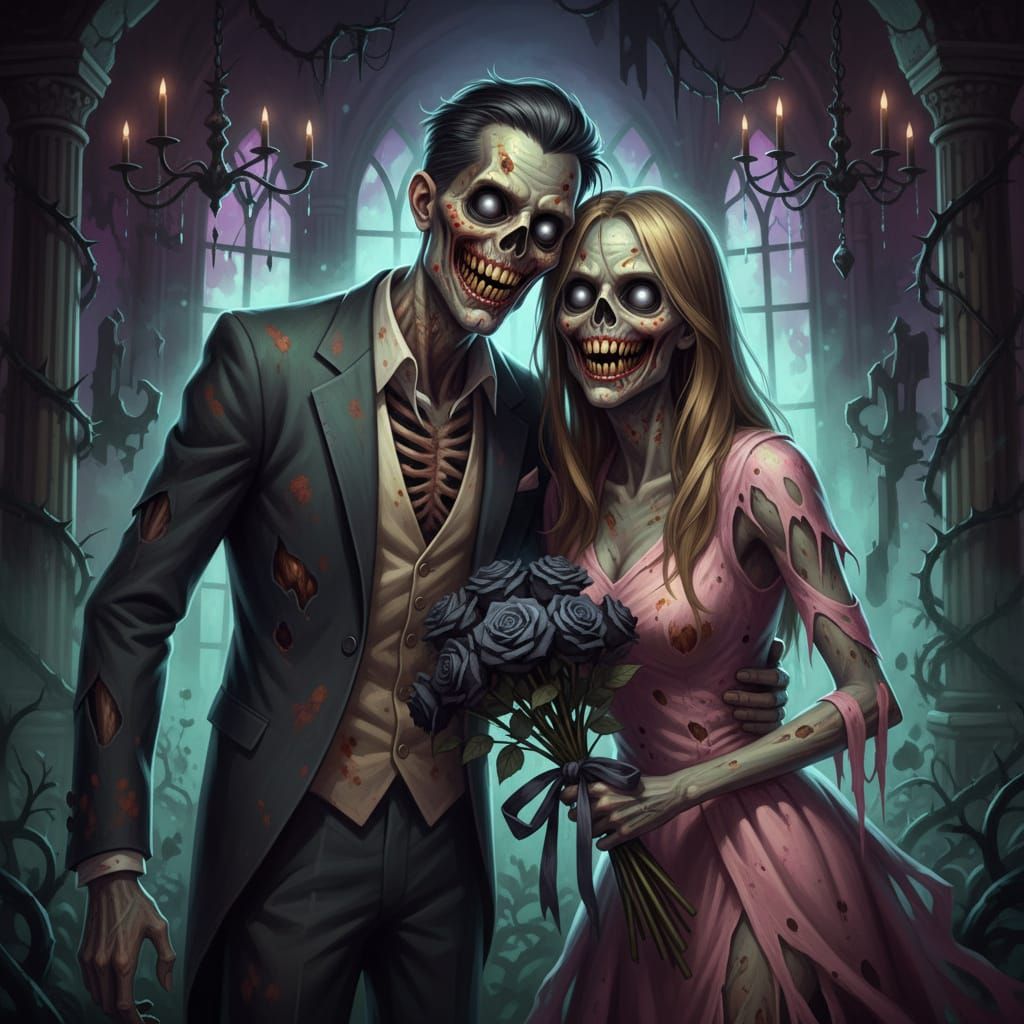 Undead Prom Couple Embrace in Detailed Matte Painting