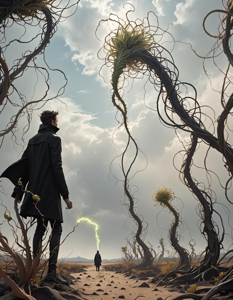 Eerie Sci-Fi Figure Tending Glowing Plant