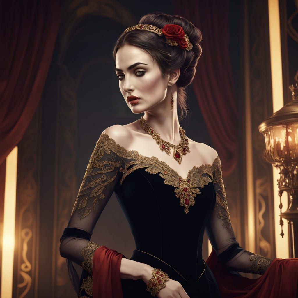 A tall, slender woman in a Belle Époque gown of deep black v...