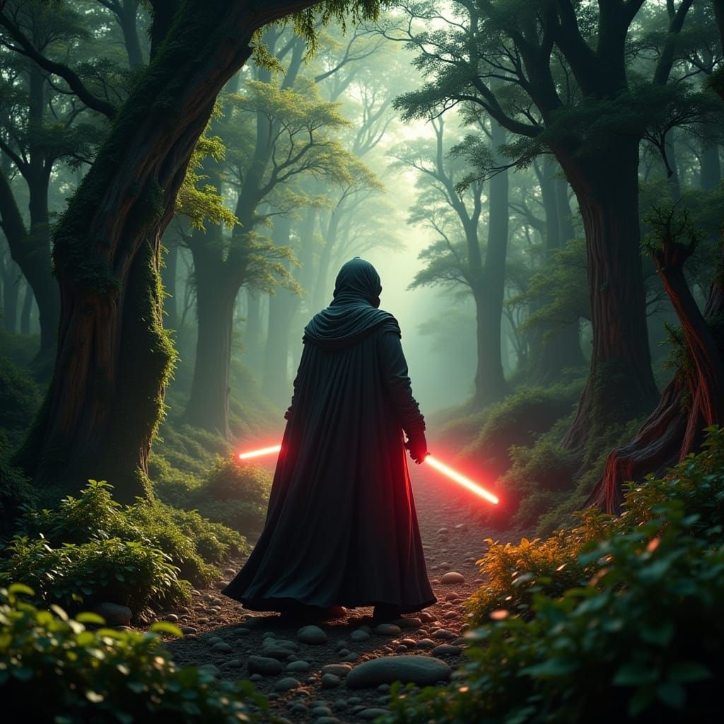 Jedi Knight in Lush Forest, Hyper-Realistic
